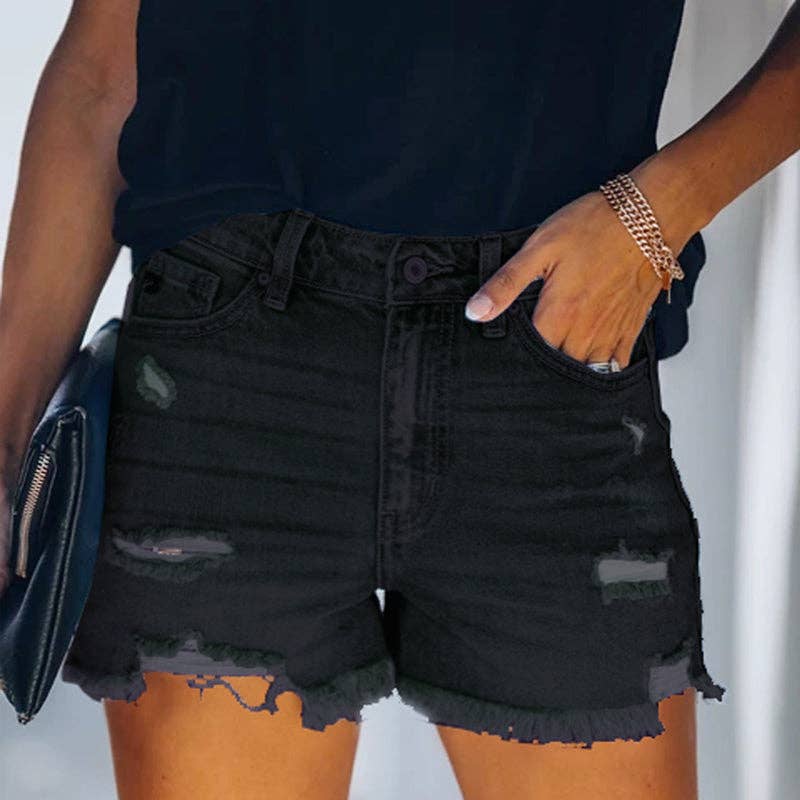 Lovesoft - Women's High-rise Ripped Stretch Summer Denim Shorts / Black