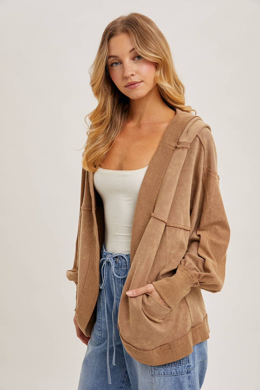 Bluivy - LATTE WASHED OPEN FRONT HOODIE CARDIGAN