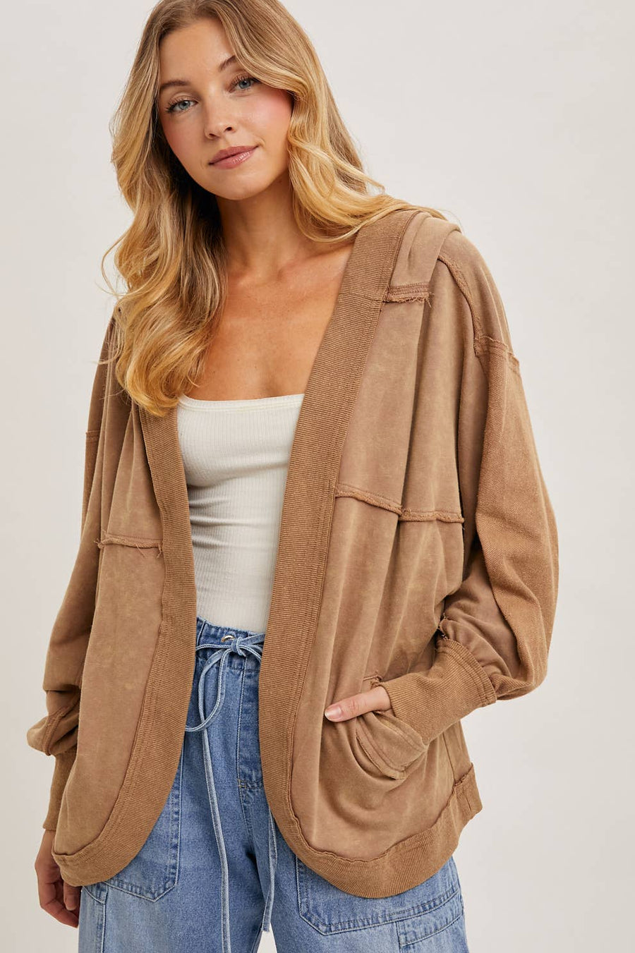 Bluivy - LATTE WASHED OPEN FRONT HOODIE CARDIGAN