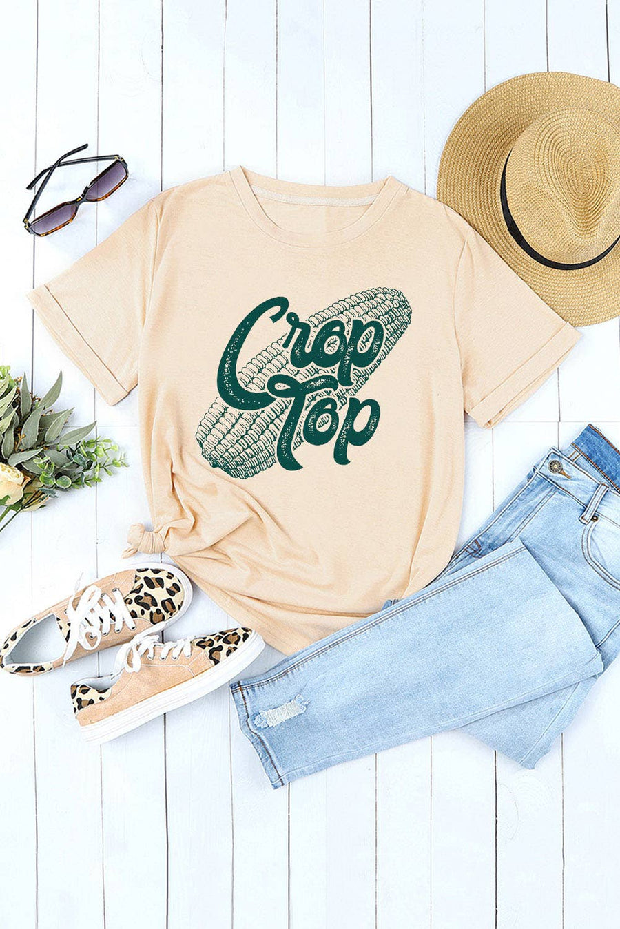 Little Daisy Closet - Khaki Corn Crop Top Graphic Tee