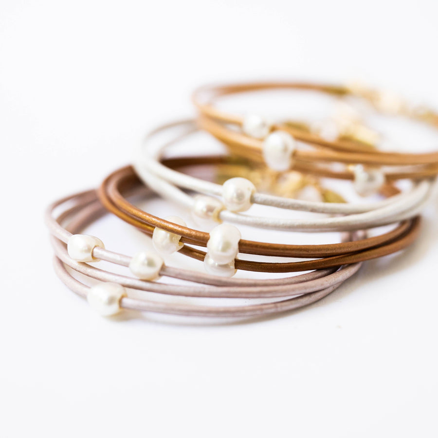 Nest Pretty Things-Pale blush/ Pearl and leather adjustable shimmer bracelet: