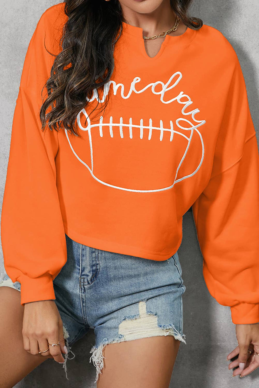 Little Daisy Closet - Game Day Lettering Rugby Notched Neck Sweatshirt: Orange