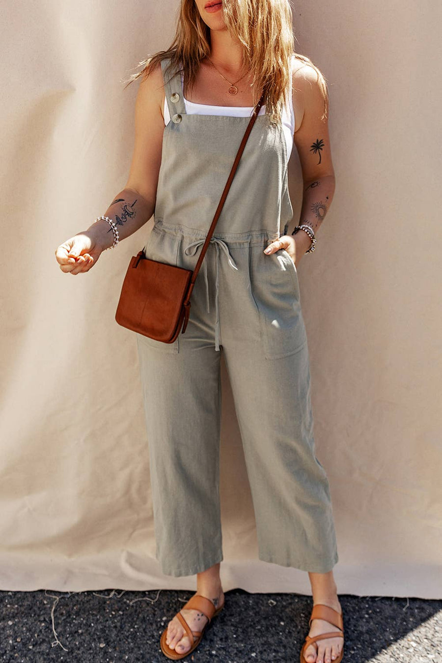 Little Daisy Closet - Drawstring Buttoned Straps Cropped Overall: Sage Green