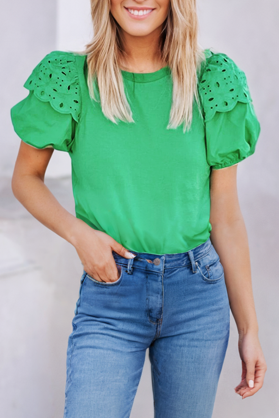 Little Daisy Closet - LDC Green Anglaise Embroidered Puff Short Sleeve Top