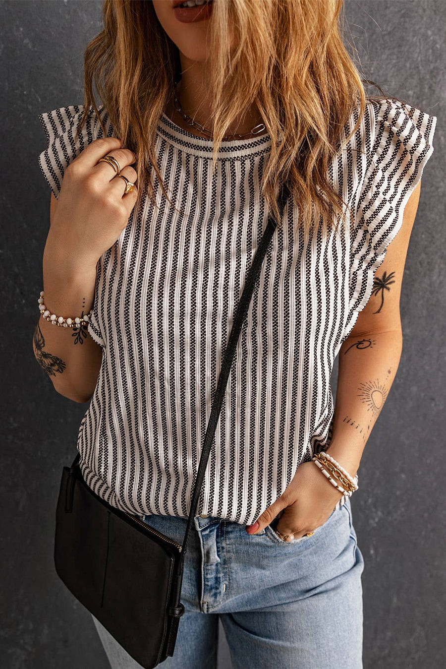 Little Daisy Closet - Gray Crew Neck Ruffled Striped Tank Top