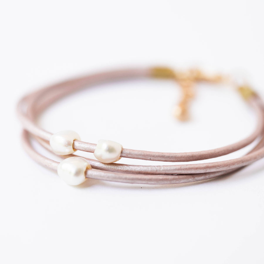 Nest Pretty Things-Pale blush/ Pearl and leather adjustable shimmer bracelet: