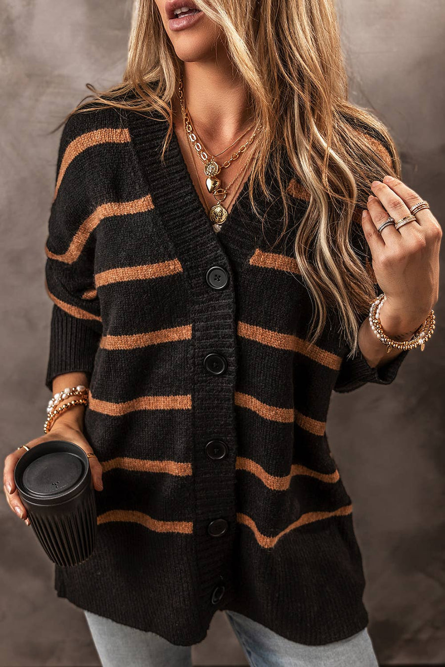 Little Daisy Closet - Stripe Buttoned Cardigan: Black + Brown