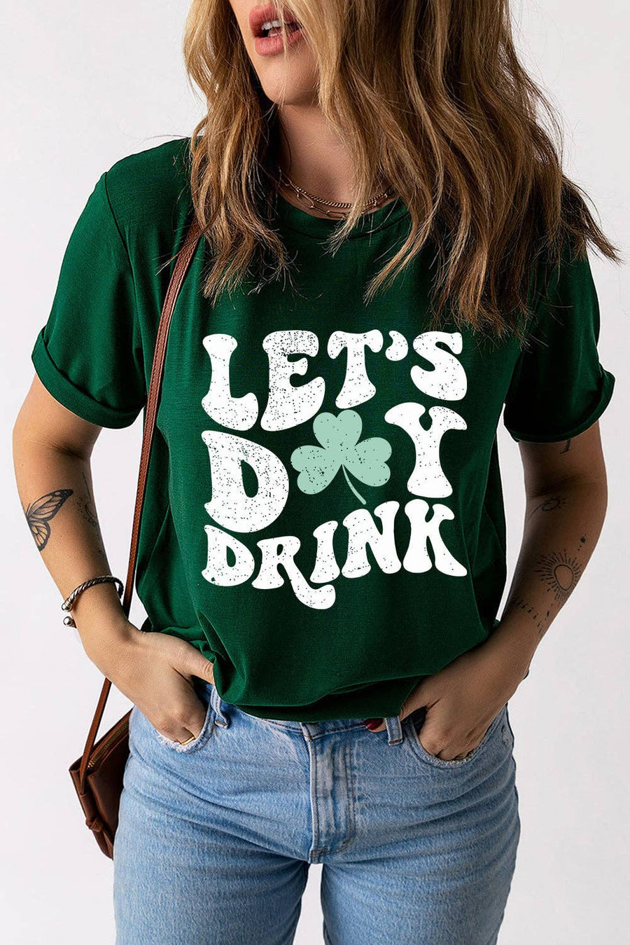 Lovesoft - Green Lets Day Drink Clover Print Round Neck T Shirt: Green / M / 62%Polyester+32%Cotton+6%Elastane