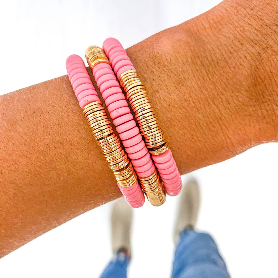 Savvy Bling - Red Pink Ivory Acrylic Disc Bracelet: Solid Pink