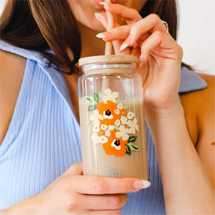 The Darling Effect - Iced Coffee Cup - Floral Orange Glass Drinkware